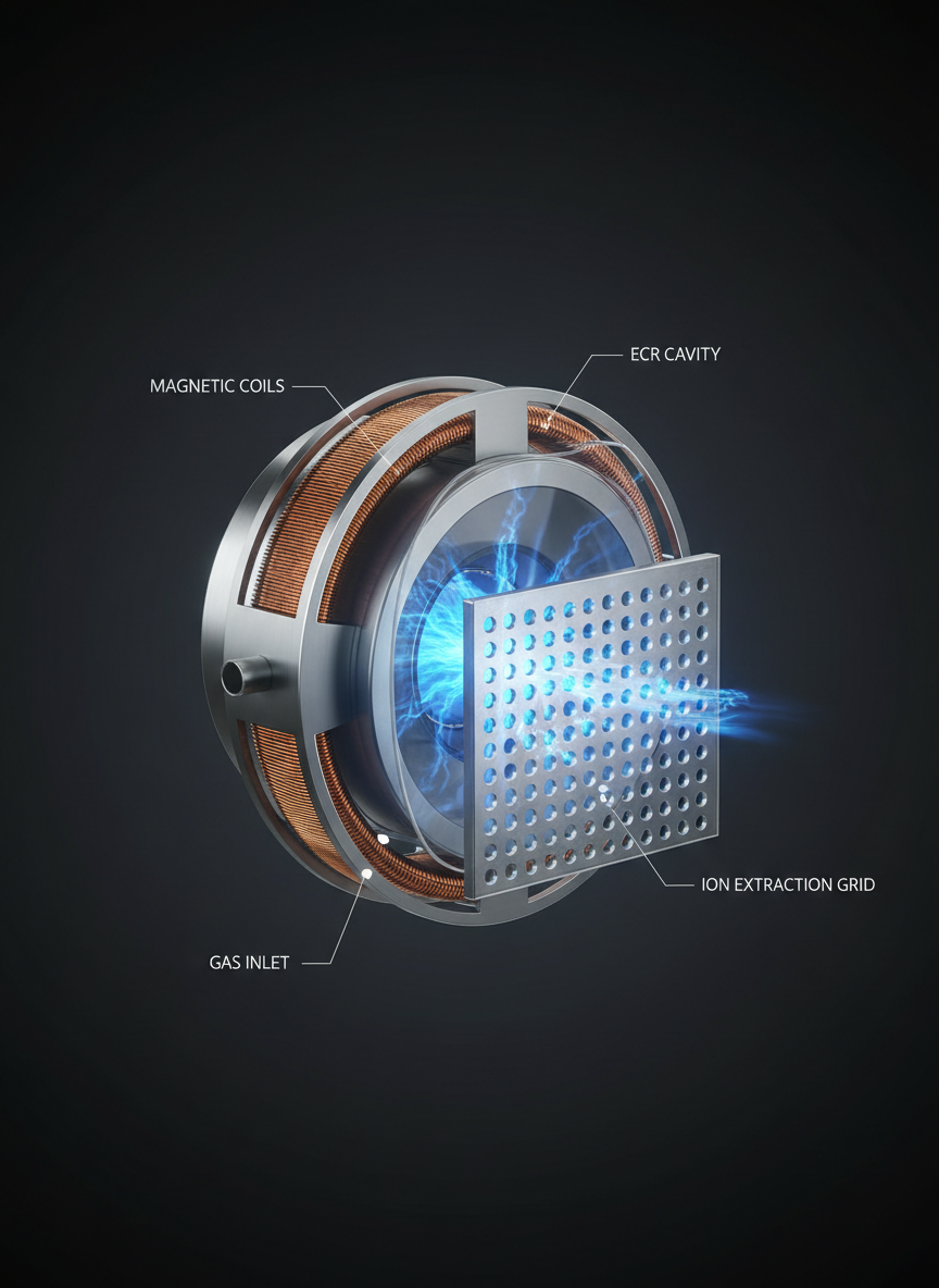 A cutaway-style, photorealistic visualization of a cathodeless gridded ECR thruster, showing internal components: the circular resonance cavity, magnetic coils, gas inlet, and multi-aperture ion extraction grid. The thruster floats against a dark, softly vignetted studio background, with translucent overlays revealing plasma glow in electric blue inside the chamber. Focused studio lighting from above and the left side creates subtle rim highlights on metal edges and a gentle gradient across the housing. The composition uses a centered, three-quarter perspective with sharp focus throughout, evoking a scientific illustration brought to life. The mood is precise and instructional, ideal for explaining design and simulation concepts in an advanced propulsion course.