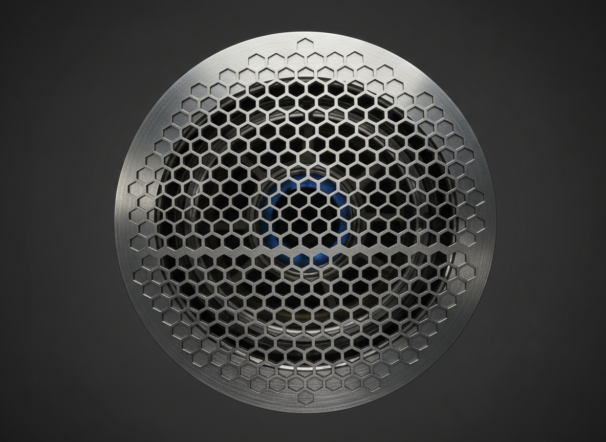 A close, photorealistic view of the gridded ion optics of a cathodeless ECR thruster, looking directly into the circular grid assembly. The front grid appears as a finely machined metallic disk perforated by a precise hexagonal pattern of tiny apertures, with soft specular highlights along the beveled edges of each hole. Behind it, slightly out of focus, a secondary grid structure and the shadowy interior hint at the plasma region. The thruster is set against a matte, charcoal-gray backdrop in a controlled studio environment. A single, diffused key light from the upper right creates gentle shadows that emphasize geometric regularity and surface quality. The mood is meticulous and elegant, spotlighting engineering precision.