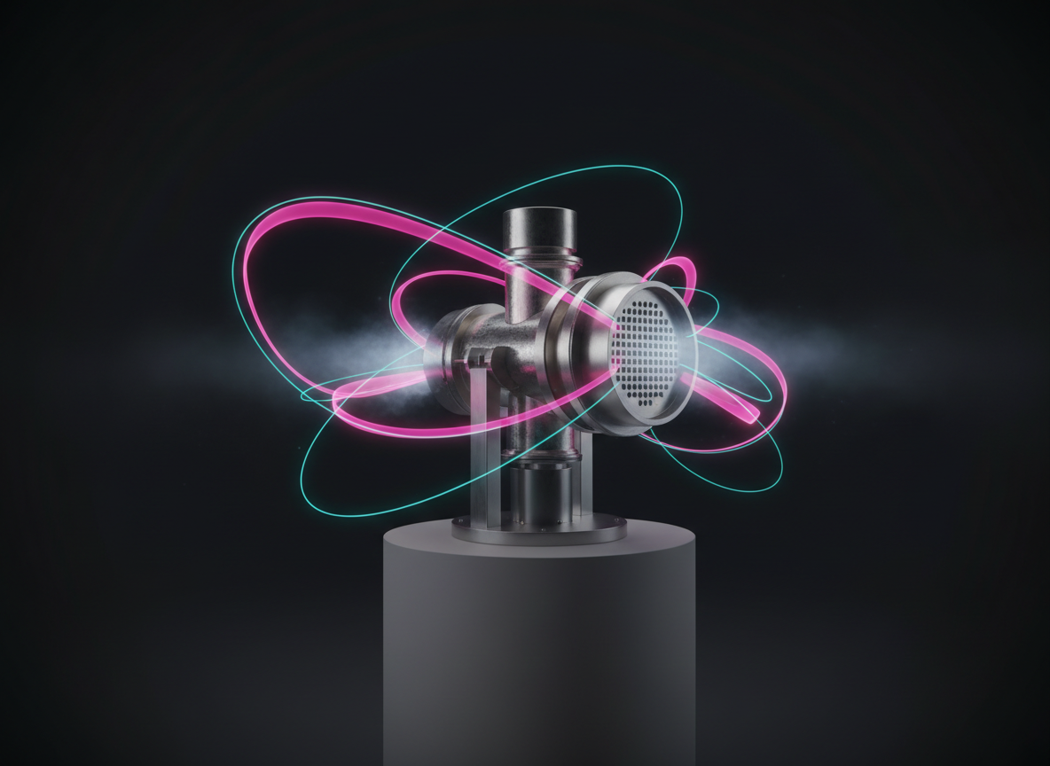 A schematic-like but photorealistic scene of the magnetic field topology around a cathodeless gridded ECR thruster, combining physical hardware with visualized fields. The metallic thruster is mounted on a neutral gray pedestal in a dark studio, while semi-transparent, glowing curved lines in cyan and magenta arc around it, representing magnetic field lines and electron cyclotron resonance zones. Subtle volumetric light hints at ionized gas, adding depth without obscuring hardware details. Focused, low-key lighting gently illuminates the thruster’s contours, leaving the background in near-black, enhancing contrast with the field visualizations. Captured from a three-quarter angle with moderate depth of field, the mood is conceptual, scientific, and slightly cinematic, ideal for explaining ECR mechanisms to advanced students.