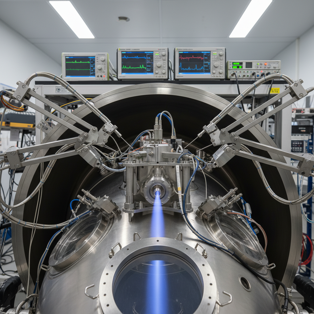 A photorealistic laboratory test setup focusing on the asymmetric pulsed neutralization system of an ECR ion thruster. The thruster sits at the center of a large cylindrical vacuum chamber, surrounded by coaxial cables, fiber-optic probes, and diagnostic sensors mounted on articulated metallic arms. Transparent viewports reveal a faint, time-averaged bluish plasma plume, while oscilloscope screens and data acquisition racks are visible in soft focus beyond the chamber. Cool white overhead lab lighting mixes with the subtle blue glow of instrumentation LEDs, creating a crisp, analytical atmosphere. Shot from a slightly elevated angle with the thruster framed by the circular chamber opening, the composition emphasizes experimental rigor and cutting-edge research in electric propulsion.