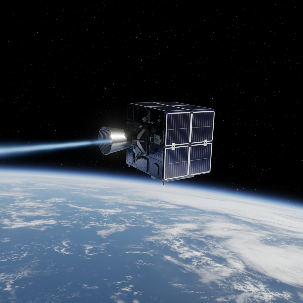 A small microsatellite in low Earth orbit equipped with a cathodeless gridded ECR ion thruster, rendered in photographic realism. The satellite’s compact body, covered in dark blue solar panels, extends a short boom where the metallic thruster emits a faint, narrow, pale-blue ion plume, barely visible against the curve of the Earth. Below, illuminated cloud formations and ocean hues fade toward the limb, while distant stars dot the blackness of space. The lighting mimics harsh, direct sunlight casting crisp highlights and stark shadows on the satellite, with soft Earth-reflected light filling underside details. Captured from a slightly below, three-quarter angle, the mood is aspirational and futuristic yet grounded in real engineering.