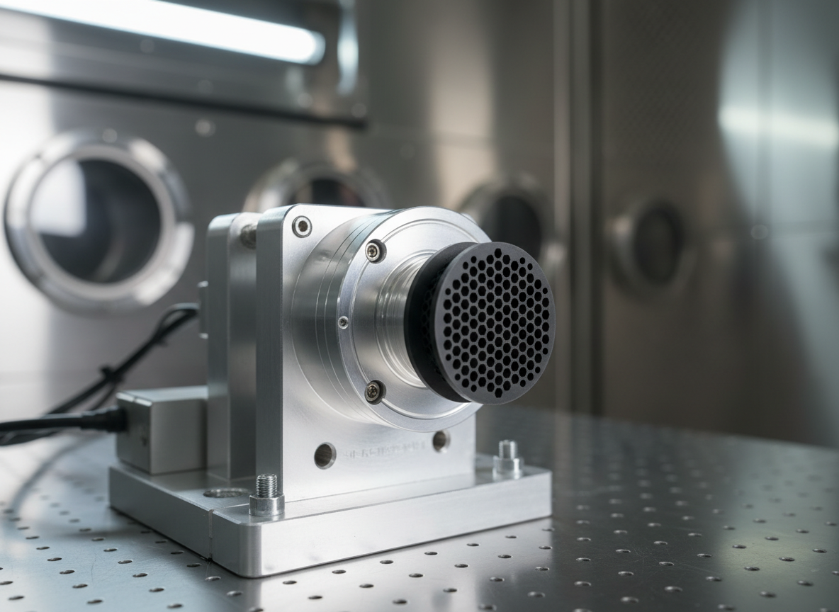 A highly detailed, photorealistic close-up of a compact cathodeless gridded ECR ion thruster for microsatellites, with a precisely machined metallic discharge chamber and a dark graphite grid assembly at its exit. The thruster is mounted on a clean optical bench inside a modern vacuum test chamber, with stainless steel walls and diagnostic ports blurred in the background. Cool, directional laboratory lighting creates crisp reflections on brushed aluminum surfaces and soft falloff into shadows, emphasizing fine textures and engraved calibration marks. Captured at eye level with a slightly off-center composition, sharp focus on the thruster and gentle bokeh behind. The mood is professional, technical, and innovative, with photographic realism and a clean, modern aesthetic tailored for an educational aerospace site.