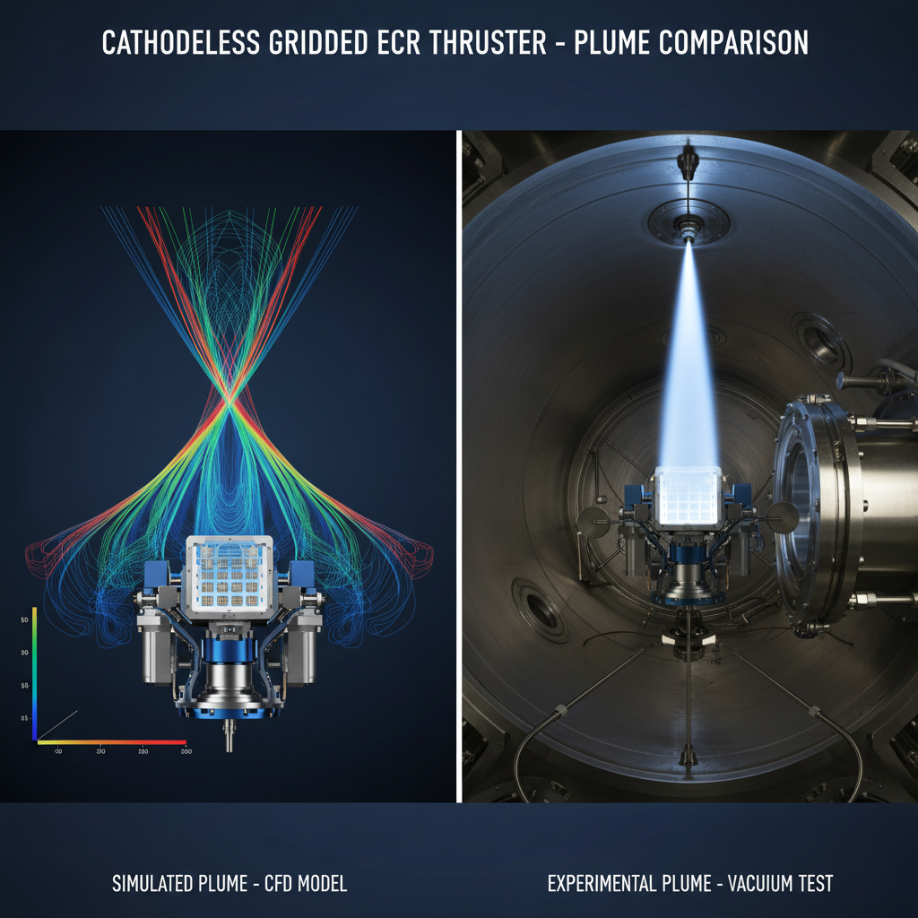 A side-by-side, photorealistic comparison of simulated versus experimental ion plume of a cathodeless gridded ECR thruster. On the left, a digitally rendered plume emerges from a detailed thruster model against a dark, neutral background, showing colored streamlines and ion density contours in gradients of blue, green, and red. On the right, a real thruster mounted in a vacuum tank emits a faint blue plume captured with long-exposure photography, with diagnostic probes extending into the beam. Overhead studio lighting remains subtle to keep the plumes prominent, while the rest of the scene recedes into gentle darkness. A straight-on, symmetrical composition reinforces the educational contrast between design simulation and physical testing.